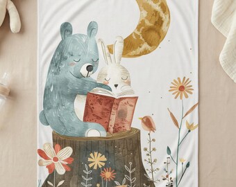 Woodland Animal Nursery Blanket, Cozy Bear Rabbit Moon Storybook Baby Blanket, Gender Neutral New Baby Shower Gift, 30"x40"