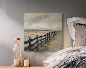 Rustic Fence Landscape Canvas Wrap, Neutral Farmhouse Wall Art Print, Minimalist Countryside Poster, Modern Earthy Tone Decor