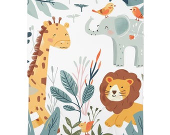 Safari Animals Nursery Blanket | Giraffe, Elephant, Lion Baby Bedding (30"x40")