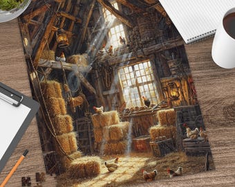 Farmhouse Chicken Barn Jigsaw Puzzle, Cozy Countryside Hen Hay Bales Art (520-Piece)