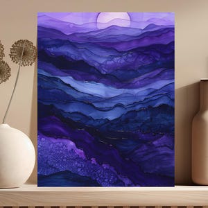 Abstract landscape painting with rolling purple and blue hills under a soft moon.