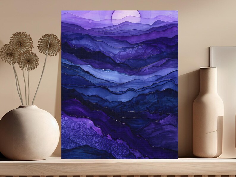 Abstract landscape painting with rolling purple and blue hills under a soft moon.