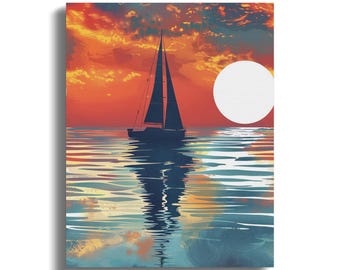 Sailboat Sunset Seascape Print, Coastal Wall Art, Ocean Calm Decor"11x"14