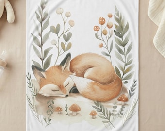 Sleeping Fox Nursery Blanket 30x40, Woodland Baby Shower Gift, Watercolor Forest Animal Soft Swaddle for New Baby