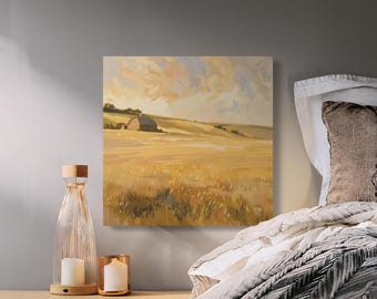 Rustic Barn Wheat Field Canvas Art, Impressionist Landscape Print, Countryside Wall Decor