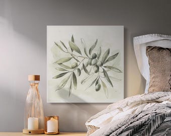 Olive Branch Watercolor Wall Art, Botanical Print Canvas, Rustic Mediterranean Kitchen Decor Poster