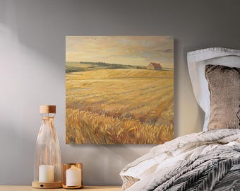 Golden Wheat Field Landscape Painting | Rustic Barn Farmhouse Wall Art