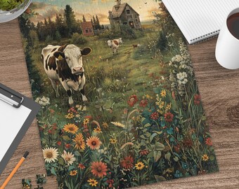 Cottagecore Cow Meadow Puzzle, Rustic Wildflower Landscape Art, 520-Piece Jigsaw (Vertical)