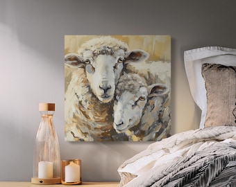 Cozy Mother and Baby Sheep Impasto Wall Art, Textured Farmhouse Animal Canvas Print, Rustic Gold Fleck Decor Poster