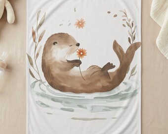 Whimsical Otter Nursery Blanket Baby Gift, Cute Animal Nature Theme, Gender Neutral Crib Throw for Newborn, Baby Shower Present 30'x40'
