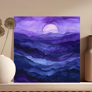 Abstract purple and blue landscape with a round sun and gold accents.