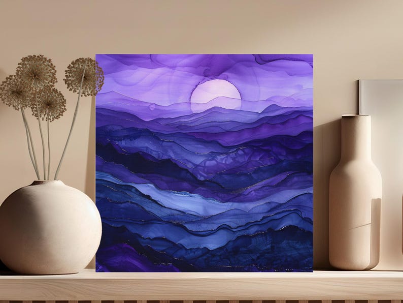 Abstract purple and blue landscape with a round sun and gold accents.