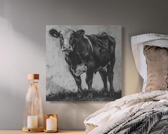 Black and White Cow Canvas Art, Rustic Farmhouse Animal Print, Modern Livestock Wall Decor