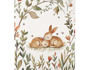 Schlafende Hasen Aquarell Walddecke für Babyzimmer, Gender Neutral Kinderzimmer Dekor (76cm x 100cm)