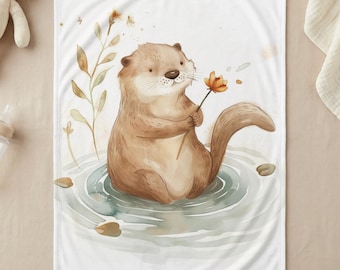 Cute Otter Nursery Blanket, Gender Neutral Baby Shower Gift, Watercolor Animal Nursery Decor, New Baby Swaddle 30'x40'