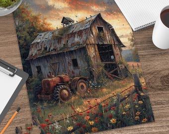 Farmhouse Sunset Jigsaw Puzzle, Rustic Barn, Vintage Tractor, Wildflowers Countryside Art (520-Piece)