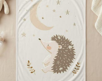 Woodland Hedgehog Nursery Blanket, Celestial Moon & Stars Baby Swaddle, Gender Neutral Baby Shower Gift, Cozy Newborn Crib Decor 30'x40'