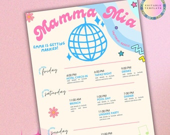 Mamma Mia Bachelorette Party Itinerary/Digital/Dancing Queen/Last Disco Bachelorette/Hen Party/Printable-Instant Download-Editable Template