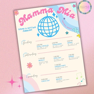 Mamma Mia Bachelorette Party Itinerary/Digital/Dancing Queen/Last Disco Bachelorette/Hen Party/Printable-Instant Download-Editable Template