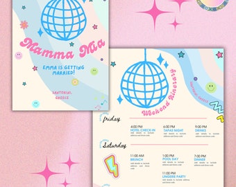 Mamma Mia Bachelorette Invitation & Itinerary/Hen Do/Dancing Queen/Last Disco Bachelorette/Digital-Print-Instant Download-Editable Template