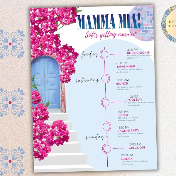 Mamma Mia Bachelorette Weekend Itinerary Digital/Dancing Queen/Printable- Last Disco Bachelorette Party-Instant Download/Editable Template