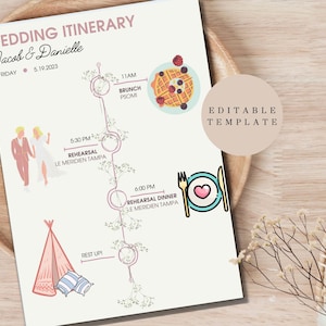 May include: A printable wedding itinerary template with a pink and white colour scheme. The template features a timeline of events for a wedding weekend, including a rehearsal dinner, brunch, and a wedding ceremony. The template is editable and can be customised to fit any wedding.