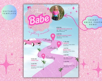 May include: A pink and blue printable bachelorette party itinerary with a cartoon car and palm trees. The text reads "This Babe is getting married".