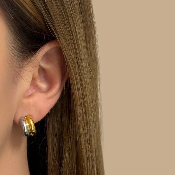 Two Tone Earrings, 18k Gold Earrings, Double Hoop Earring, Mixed Metal Earring - Versatile Gift for Her, Mom or Best Friend, Mother’s Day