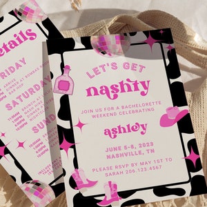 Nashville Bachelorette Party Itinerary and Invite Template For Disco Cowgirl Bachelorette, Canva Template