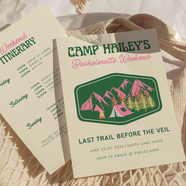 Camp Bachelorette Party Invitation and Itinerary, Mountain Bachelorette, Last Trail Before The Veil, Girl Trip Weekend