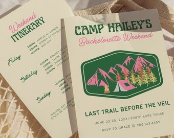Camp Bachelorette Party Invitation and Itinerary, Mountain Bachelorette, Last Trail Before The Veil, Girl Trip Weekend