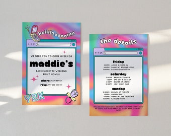 Y2K Bachelorette Itinerary and Invitation, Digital Itinerary Planner, Bach To The 90s, Editable Canva Template