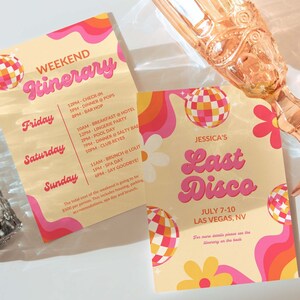Last Disco Itinerary and Invitation Template For 70s  Bachelorette Party, Custom Weekend Itinerary, Retro Digital Invite