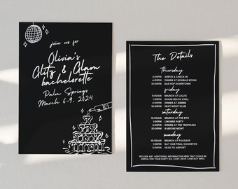 Glitz And Glam Bachelorette Invitation and Itinerary, Hand Drawn Bachelorette Invite, Editable Canva Template