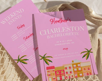 May include: Pink invitation card with white text for a bachelorette party in Charleston, South Carolina. The text reads "Heather's Charleston Bachelorette" and "JU 9-12 | 2023 Charleston, SC". The card features a colorful illustration of palm trees and buildings.