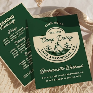 Custom Camp Bachelorette Itinerary and Invite Template, Editable Personalized Party Invite