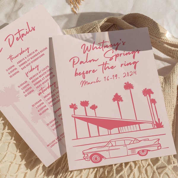 Hand Drawn Palm Springs Bachelorette Itinerary and Invitation, Palm Springs Before The Ring, Desert Bachelorette