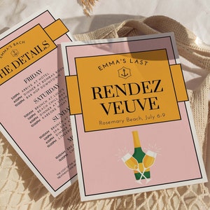 Veuve Bevor Gelübde Bachelorette Party Reiseplan und Einladungsvorlage, Last Rendez Veuve, bearbeitbare Canva Vorlage