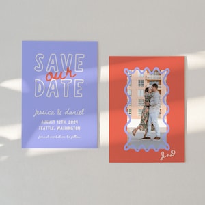 Handgezeichnete Save the Date Vorlage, Hochzeitseinladung mit gewellter Grenze, handgeschriebene Einladung, benutzerdefinierte Save the Date, illustrierte Einladung