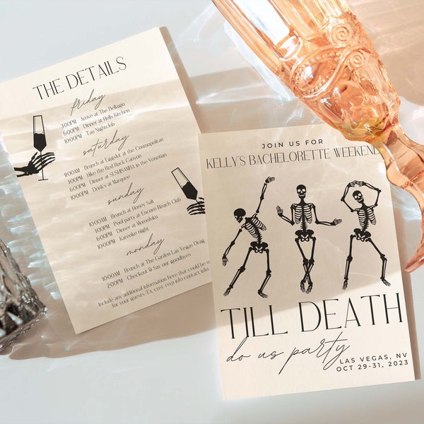 Til Death Do Us Party Spooky Bachelorette Invitation and Itinerary, Gothic Bachelorette, Editable Canva Template