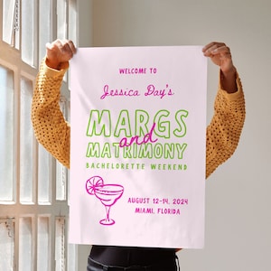 Margs und Matrimony Bachelorette Party Willkommensschild, Florida Bachelorette, handgezeichnet, Tequila Sunrise, bearbeitbare Canva Vorlage