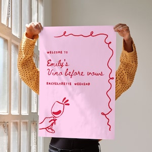 Hand Drawn Welcome Sign For Bachelorette Party, Vino Before Vows, Editable Canva Template