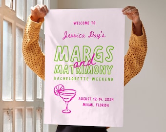 Margs and Matrimony Bachelorette Party Welcome Sign, Florida Bachelorette, Hand Drawn, Tequila Sunrise, Editable Canva Template