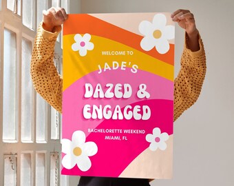 Dazed and Engaged Bachelorette Welcome Sign For Retro Bachelorette Party, Boozed and Confused, Editable Canva Template