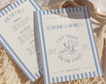 Coastal Bachelorette Invitation and Itinerary Template For Beach Bachelorette, Last Toast On The Coast, Coastal Grandma, Canva Template