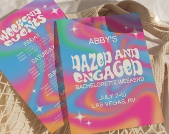 Dazed and Engaged Bachelorette Party Itinerary and Invite Template For Groovy Bachelorette, Hippie Bachelorette Theme
