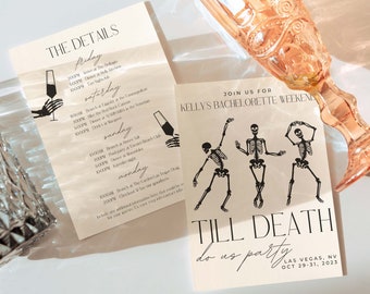 Til Death Do Us Party Spooky Bachelorette uitnodiging en reisplan, gotische Bachelorette, bewerkbare Canva-sjabloon