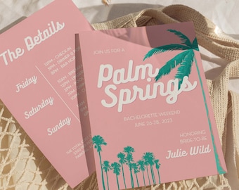 Plantilla de invitación y itinerario de despedida de soltera para despedida de soltera en Palm Springs, plantilla de itinerario de fin de semana
