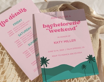Itinerario de despedida de soltera y plantilla de invitación para despedida de soltera en Palm Springs, itinerario de fin de semana
