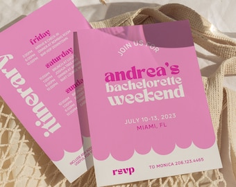 Miami Bachelorette Party Itinerary and Invite Template For Beach Bachelorette, Canva Template